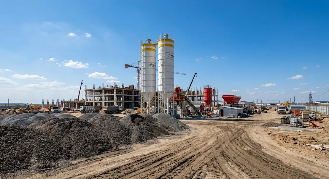 Bags of cement and bulk bags of aggregates on pallets