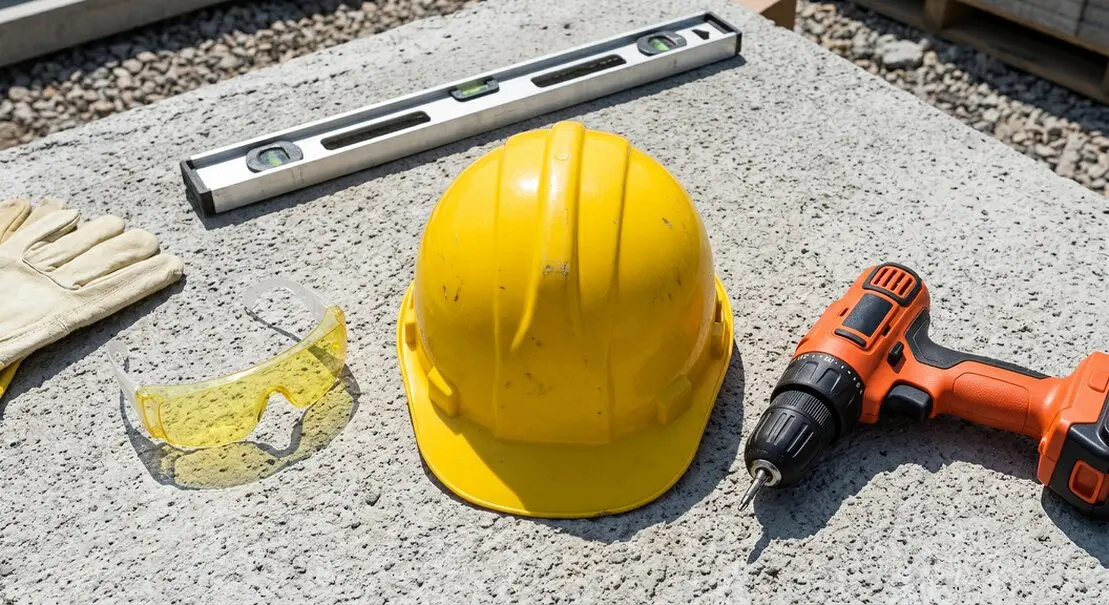 Power tools and extension lead on a construction site floor