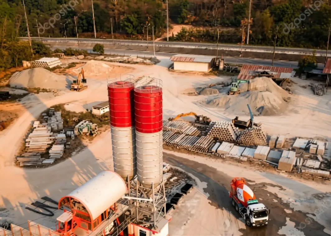 Bags of cement and bulk aggregates at a building site
